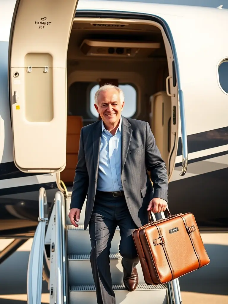 A satisfied Honest Jets member disembarking from a private jet, with a smile and luggage in hand, representing the positive outcome of the service.