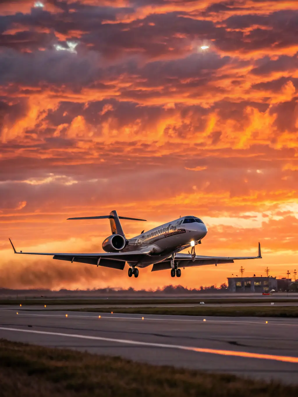 A high-angle shot of a modern private jet taking off at sunset, emphasizing speed and luxury.