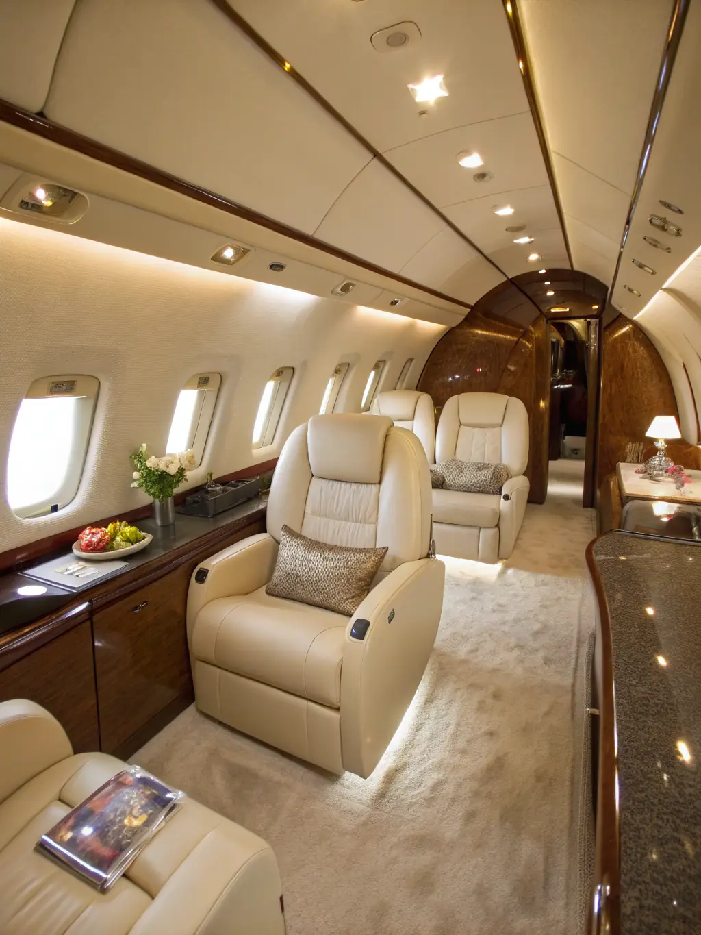 An interior shot of a private jet cabin, showcasing comfortable seating, ample legroom, and high-end amenities.