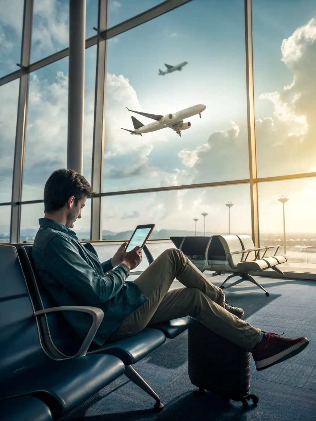 A person using a tablet to browse available flights on the Honest Jets platform, with a clear and intuitive interface displayed on the screen.